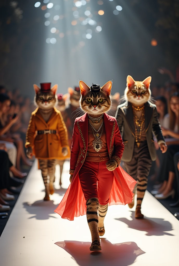 Cats in all kinds of fashionable clothes, Walking on the catwalk, Fashion show, A cat that is walking