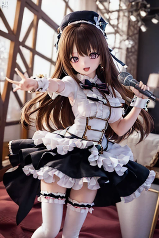 (SFW:2), photorealistic, realistic photo, 8k, Canon EOS, ((highest quality)), ((masterpiece)), (extremely detailed), dd, doll, idol dress, (mature woman, 21yo, 21 years old, solo, show stage:1.6), (from front, dynamic pose, holding microphone, slim, skinny, slender, hat, brown hair, long hair, bow, frills, cuffs, white thigh highs, smile, open mouth, purple eyes, glass eyes, shining eyes, looking at viewer, detailed face:1.3)