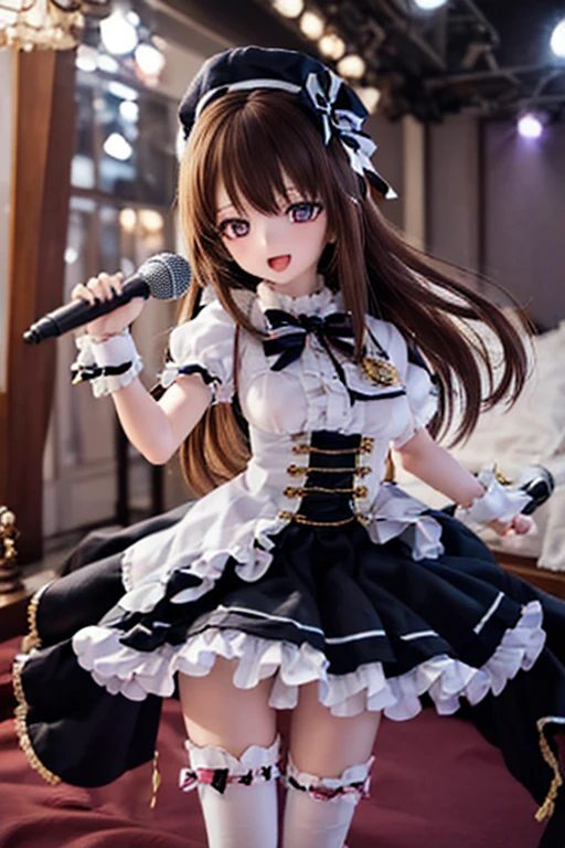 (SFW:2), photorealistic, realistic photo, 8k, Canon EOS, ((highest quality)), ((masterpiece)), (extremely detailed), dd, doll, idol dress, (mature woman, 21yo, 21 years old, solo, show stage:1.6), (from front, dynamic pose, holding microphone, slim, skinny, slender, hat, brown hair, long hair, bow, frills, cuffs, white thigh highs, smile, open mouth, purple eyes, glass eyes, shining eyes, looking at viewer, detailed face:1.3)