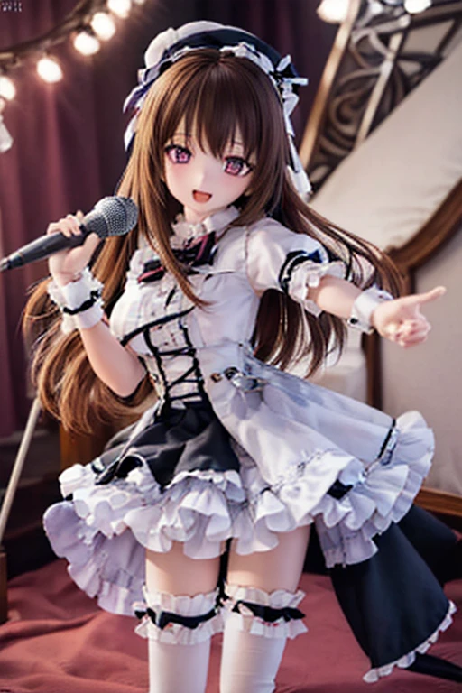 (SFW:2), photorealistic, realistic photo, 8k, Canon EOS, ((highest quality)), ((masterpiece)), (extremely detailed), dd, doll, idol dress, (mature woman, 21yo, 21 years old, solo, show stage:1.6), (from front, dynamic pose, holding microphone, slim, skinny, slender, hat, brown hair, long hair, bow, frills, cuffs, white thigh highs, smile, open mouth, purple eyes, glass eyes, shining eyes, looking at viewer, detailed face:1.3)