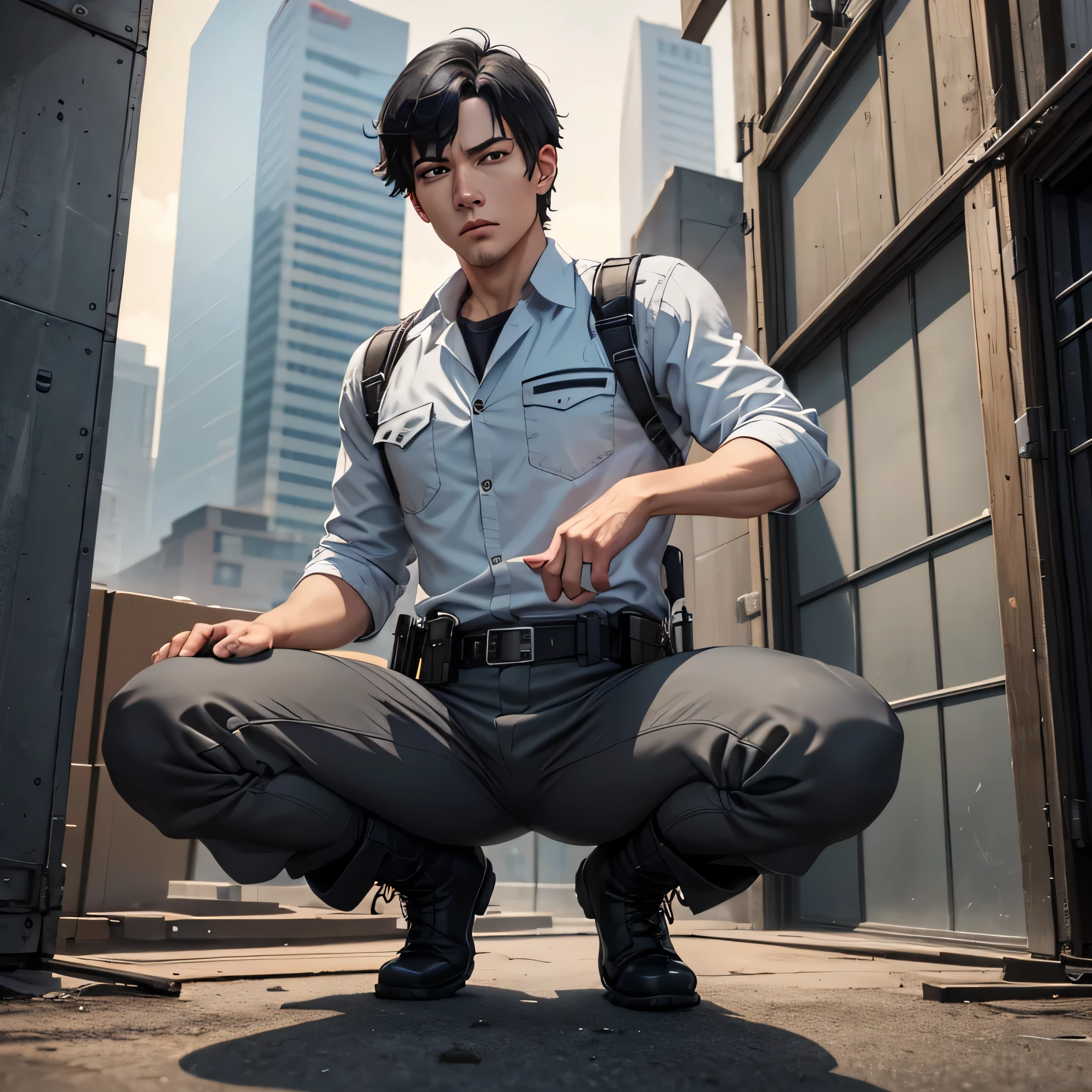  handsome 30-year-old man 　Light gray full body workwear 、Shocker Belt、 black work boots 、 Gunfight、 sniper from the warehouse roof 、point a gun at the enemy below 、 open your legs wide、 squat、 staring at the camera while preparing to launch、logic , black hair、 very short hair 。 the crotch part of his pants is bulging 、scream、 view from below,  camera 、 cool pose