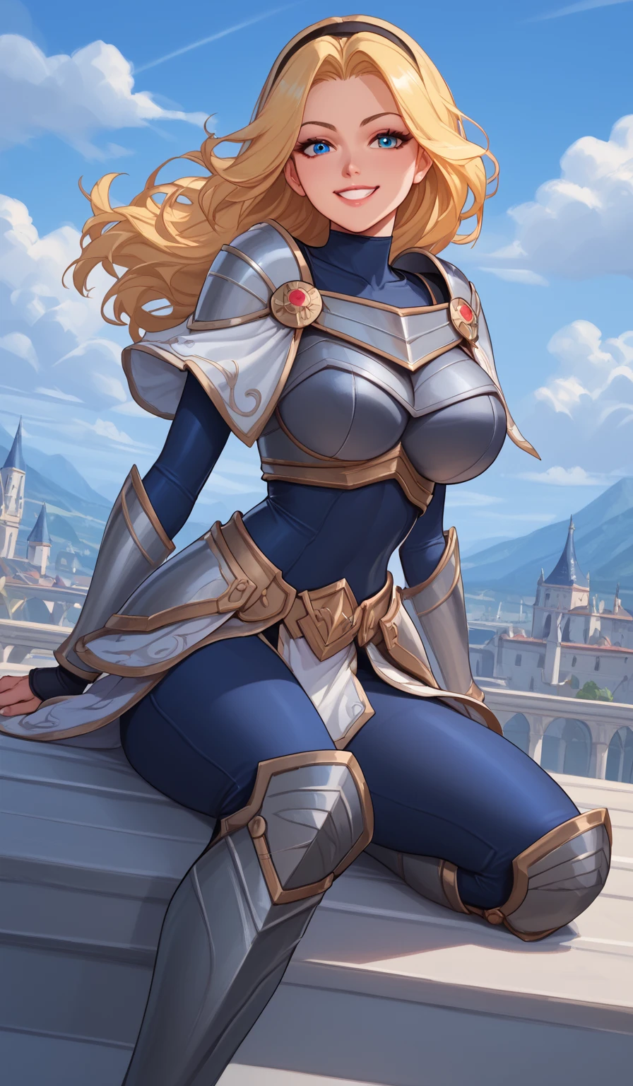 score_9, score_8_up, score_7_up, score_6_up, score_5_up, score_4_up, LuxLoLXL, blue eyes, blonde hair, long hair, black hairband, big breasts, collarbone, shoulder armor, armor, blue bodysuit, breastplate, long sleeves, faulds, skirt, blue pants, armored boots, ((((big breasts)))), smile, alone full body,sitting on a cloud, blue sky clouds , knee high boots