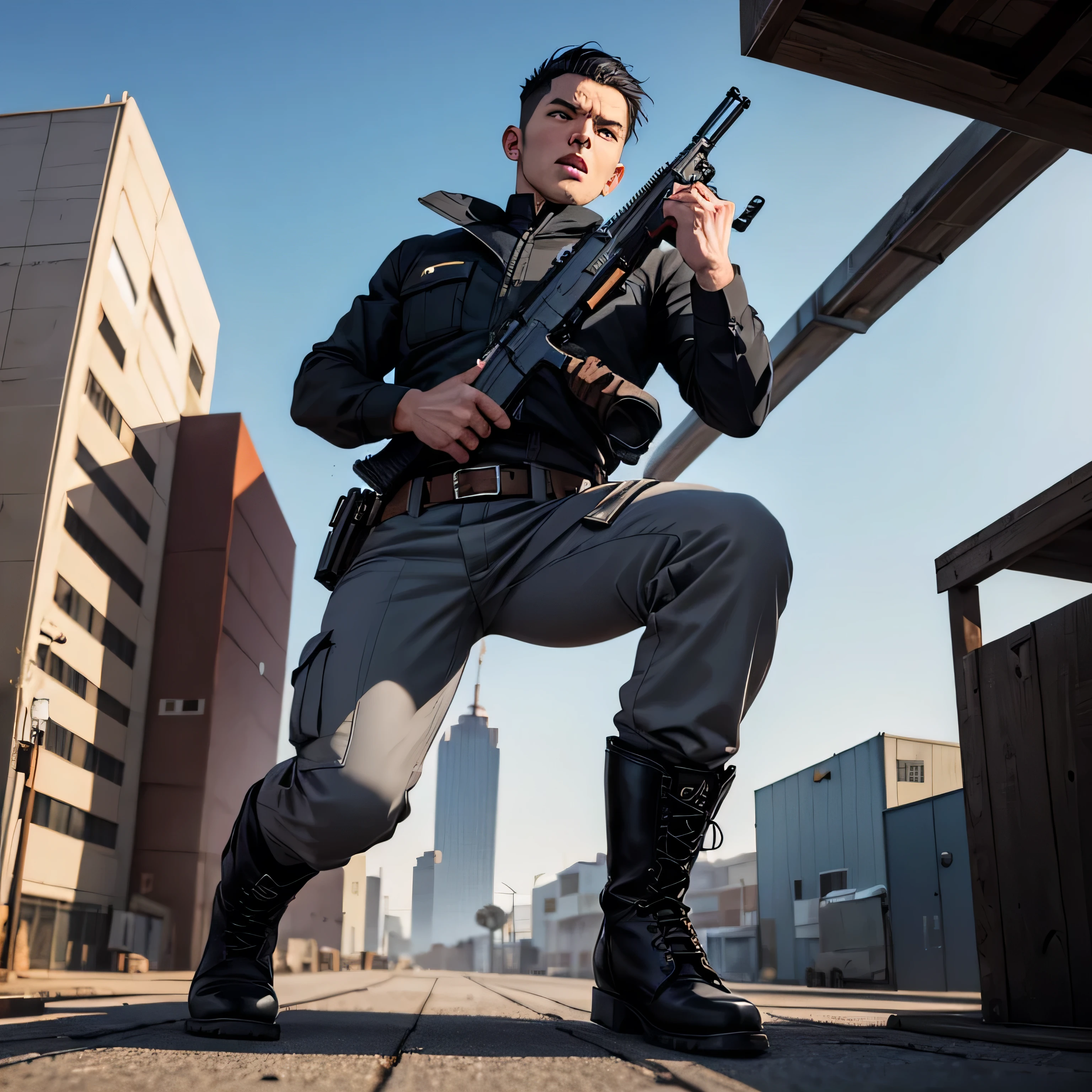  handsome 30-year-old man 　Light gray full body workwear 、Shocker Belt、 black work boots 、 Gunfight、 sniper from the warehouse roof 、point a gun at the enemy below 、 open your legs wide、 squat、 staring at the camera while preparing to launch、logic , black hair、 very short hair 。 the crotch part of his pants is bulging 、scream、 view from below,  camera 、 cool pose　 upper body lift with an emphasis on facial expression