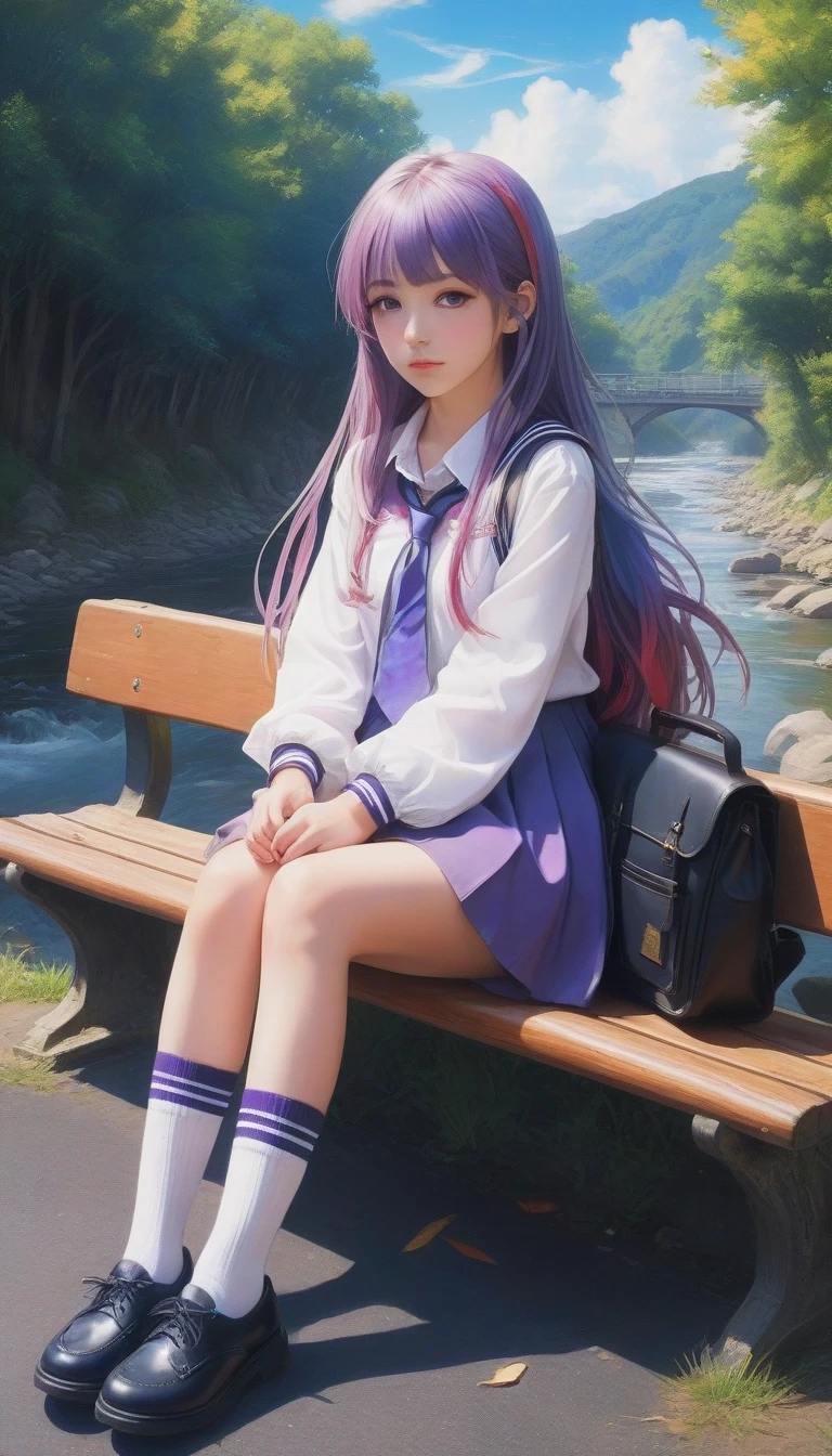 a beautiful school girl, anime, she has purple eyes, she has rainbow long hair, she is wearing school uniform, she is sitting on bench, crossing legs, surreal psychedelic dreamy road, river, she has cigarettes, thick thighs, short white socks, leather school shoes, school satchel, perfect anatomy, perfect hands, perfect fingers, perfect legs, isometric, psychedelic, surreal, masterpiece