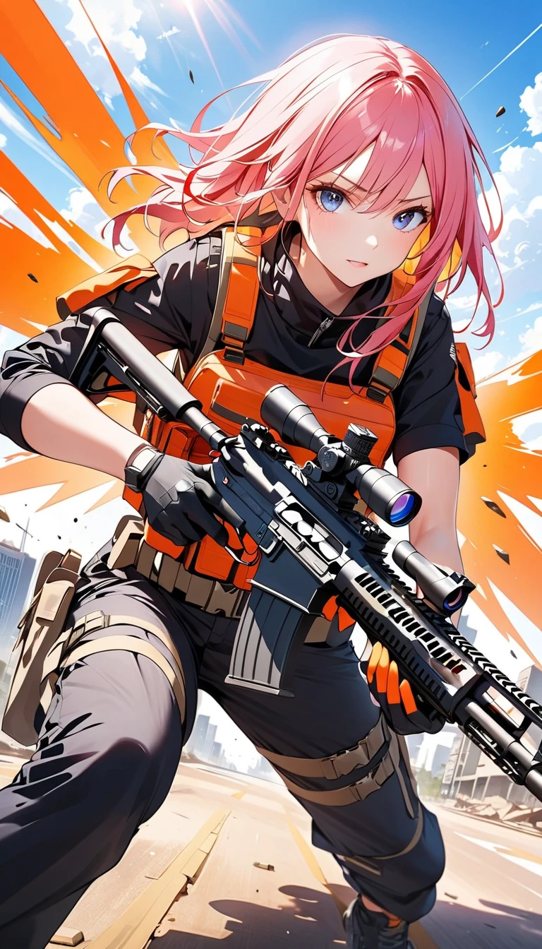 Girl shooting pose, One Girl, Shooting with an assault rifle, Sophisticated Assault Rifle, High-performance assault rifle, vivid colors, Dynamic Perspective