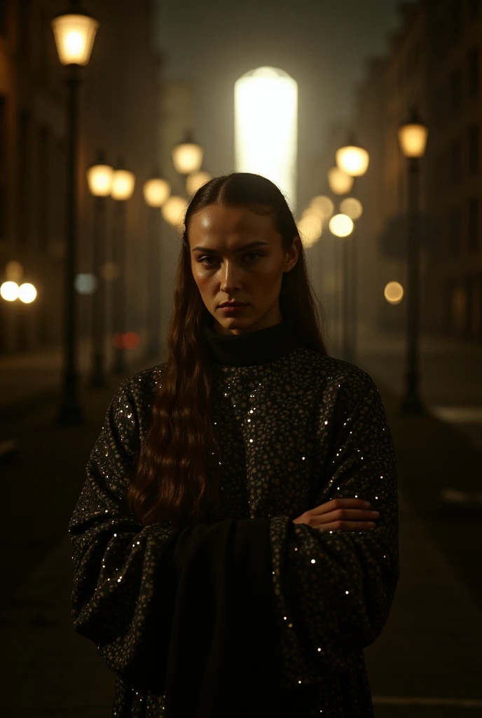 Ellie's determined gaze fills the frame as she stands amidst a desolate urban landscape. Softly lit by the warm glow of flickering streetlights, her face is bathed in a warm, golden light. A Portra 400 filter adds a nostalgic, film-like quality to the scene, emphasizing Ellie's gritty resilience. She stands defiantly, arms crossed and eyes fixed on some distant horizon, as if daring the world to take one step closer.