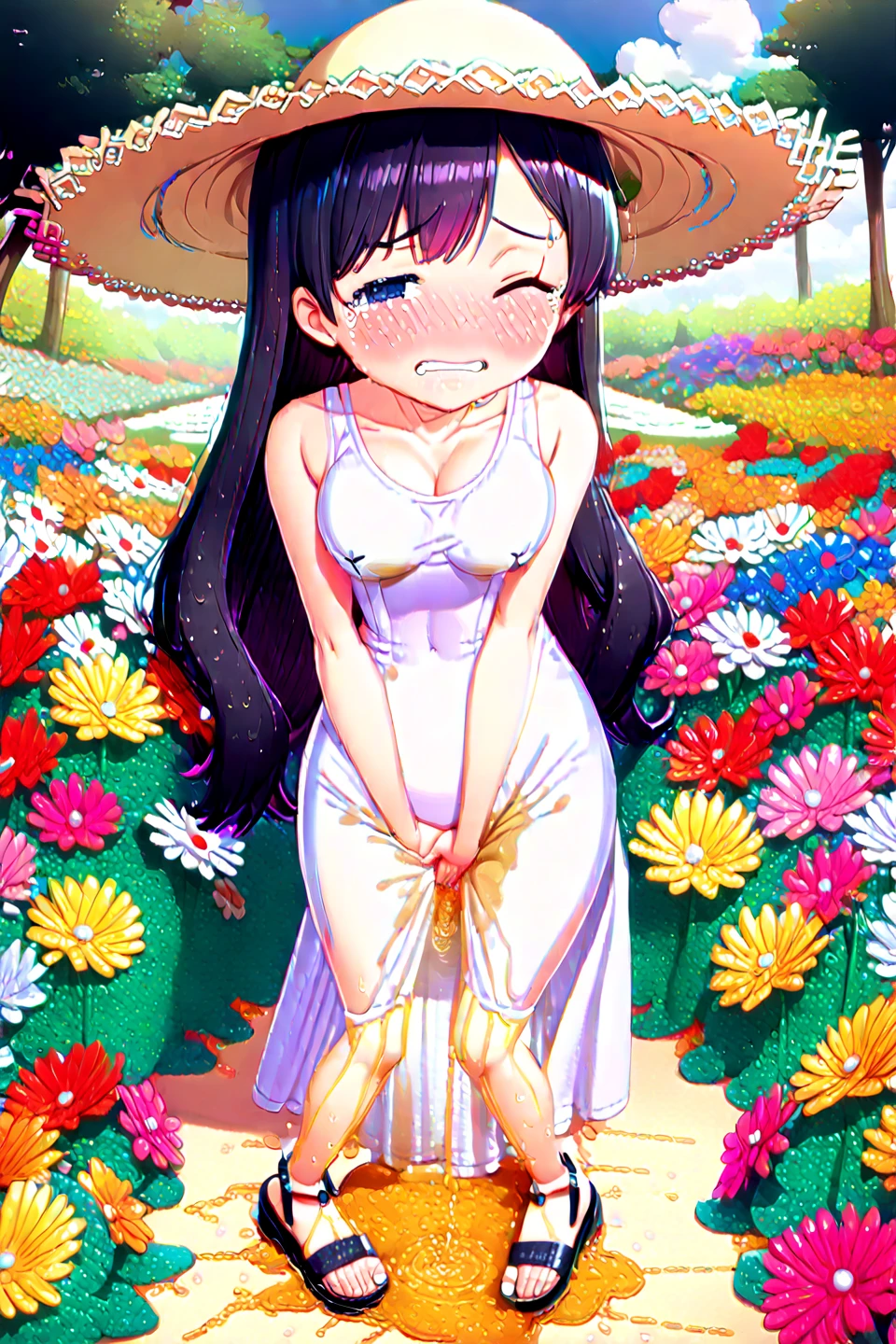 , female, solo, 1female, toned, wide hips, very skinny, very thin, very slim, very slender, thick thighs, ifbb, thin waist, slendered abs, narrow waist, small waist, erection, boner, futa_overflow, futanari, white dress, penis, erect, erect penis, dick, cum, semen, blush, Komi, On all fours, grassy scene, grass lands
