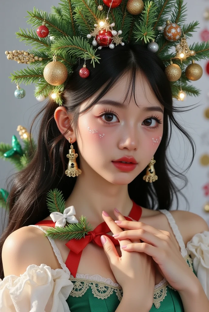 A beautiful girl wearing a Christmas tree dress, green and red fluffy skirt, Christmas tree hair, beautiful detailed eyes, beautiful detailed lips, extremely detailed eyes and face, long eyelashes, flawless skin, serene expression, elegant pose, intricate details, vivid colors, warm lighting, 8K, photorealistic, highly detailed, masterpiece, fantasy, portrait