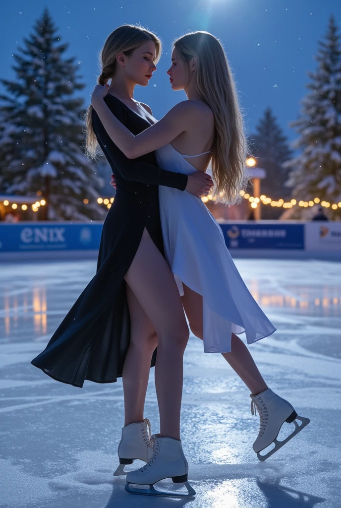 ((Masterpiece, top quality, high resolution, highly detailed CG unified 8K wallpaper)), (huge stunning goddess shot, very hot and sexy, jaw-dropping beauty, perfect proportions, beautiful body, slim body beauty:1.3), (dynamic pose, dynamic composition), Ice dancing, outdoor skating rink at night, two women dancing on ice, one in dress and one in suit, both wearing skates, hands on the other's shoulders and hips, looking at each other as they dance, close-up on their expressions, night lighting, backlight, snow falling,