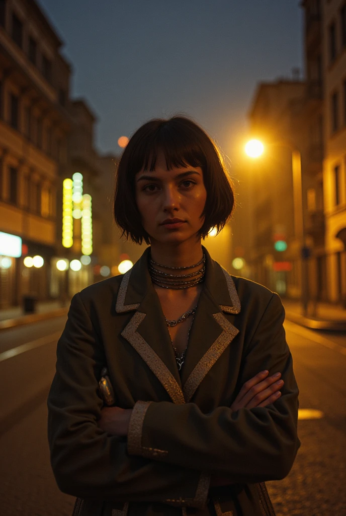 Ellie's determined gaze fills the frame as she stands amidst a desolate urban landscape. Softly lit by the warm glow of flickering streetlights, her face is bathed in a warm, golden light. A Portra 400 filter adds a nostalgic, film-like quality to the scene, emphasizing Ellie's gritty resilience. She stands defiantly, arms crossed and eyes fixed on some distant horizon, as if daring the world to take one step closer.