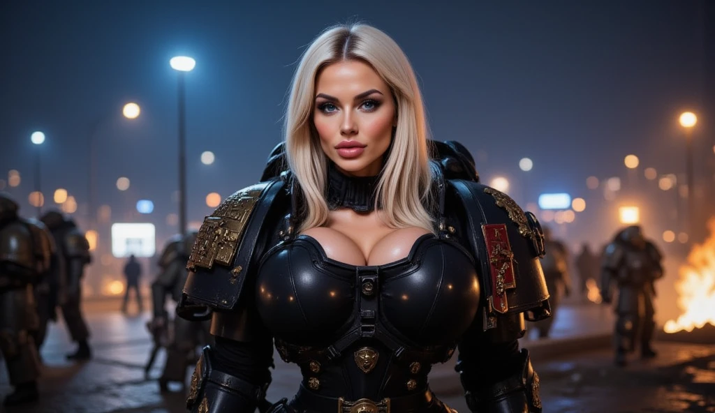 (ultra realistic) (Female Space Marine) (Black Space Marine power Armor)(Long platinum hair) (MILF) (A very beautiful face) (Cleavage) (Bimbo) (The battlefield on the background) (Night) (Bimbo lips) (Blue eyes) (at full height) (sexy pose) (high heels) (big boobs) (sexual facial expression) (curves body)