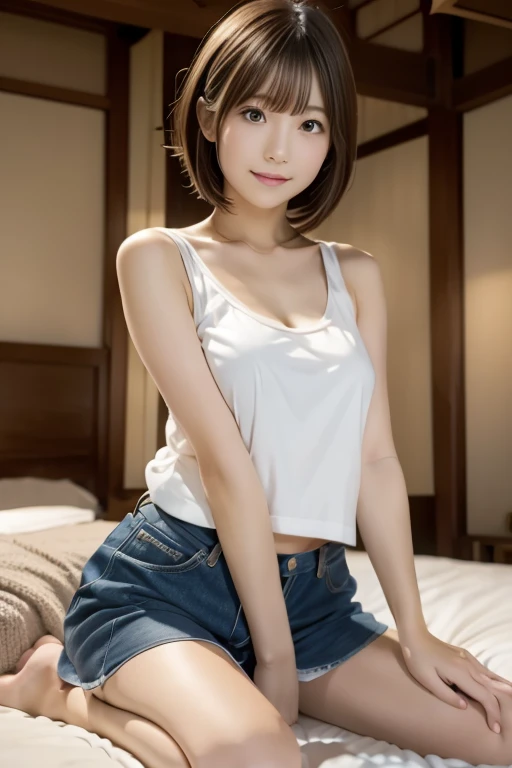 ((Top Quality, 8k, Masterpiece: 1.4)), japanese woman, ((naked, very short cut, skinny:1.5)), 25 years old, ((looking at viewer:1.3)), inside bedroom, ((Spread her legs:1.0)), (spread pussy:1.1), 