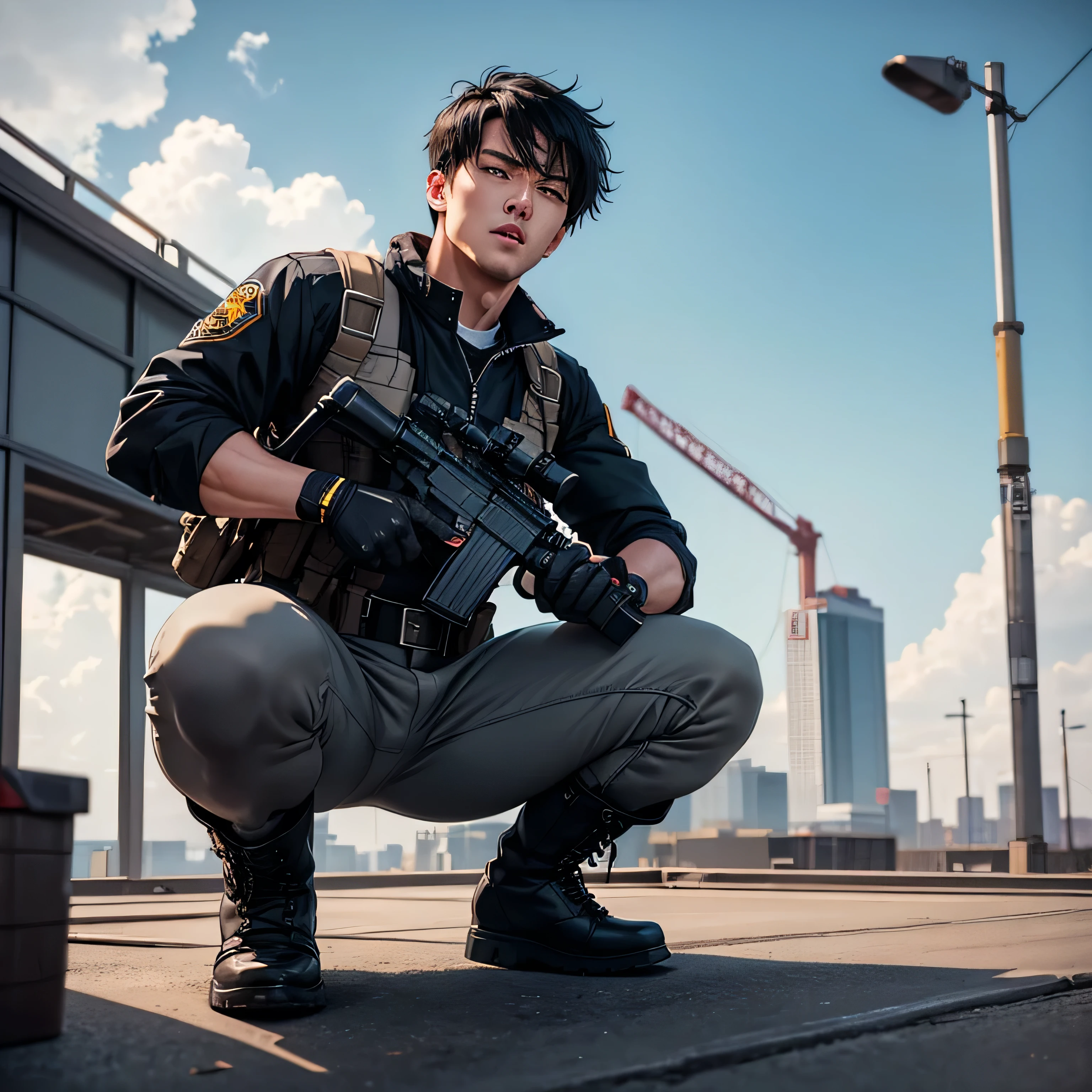  handsome 30-year-old man 　Light gray full body workwear 、Shocker Belt、 black work boots 、 Gunfight、 sniper from the warehouse roof 、point a gun at the enemy below 、 open your legs wide、 squat、 staring at the camera while preparing to launch、logic , black hair、 very short hair 。 the crotch part of his pants is bulging 、scream、 view from below,  camera 、 cool pose　 upper body lift with an emphasis on facial expression