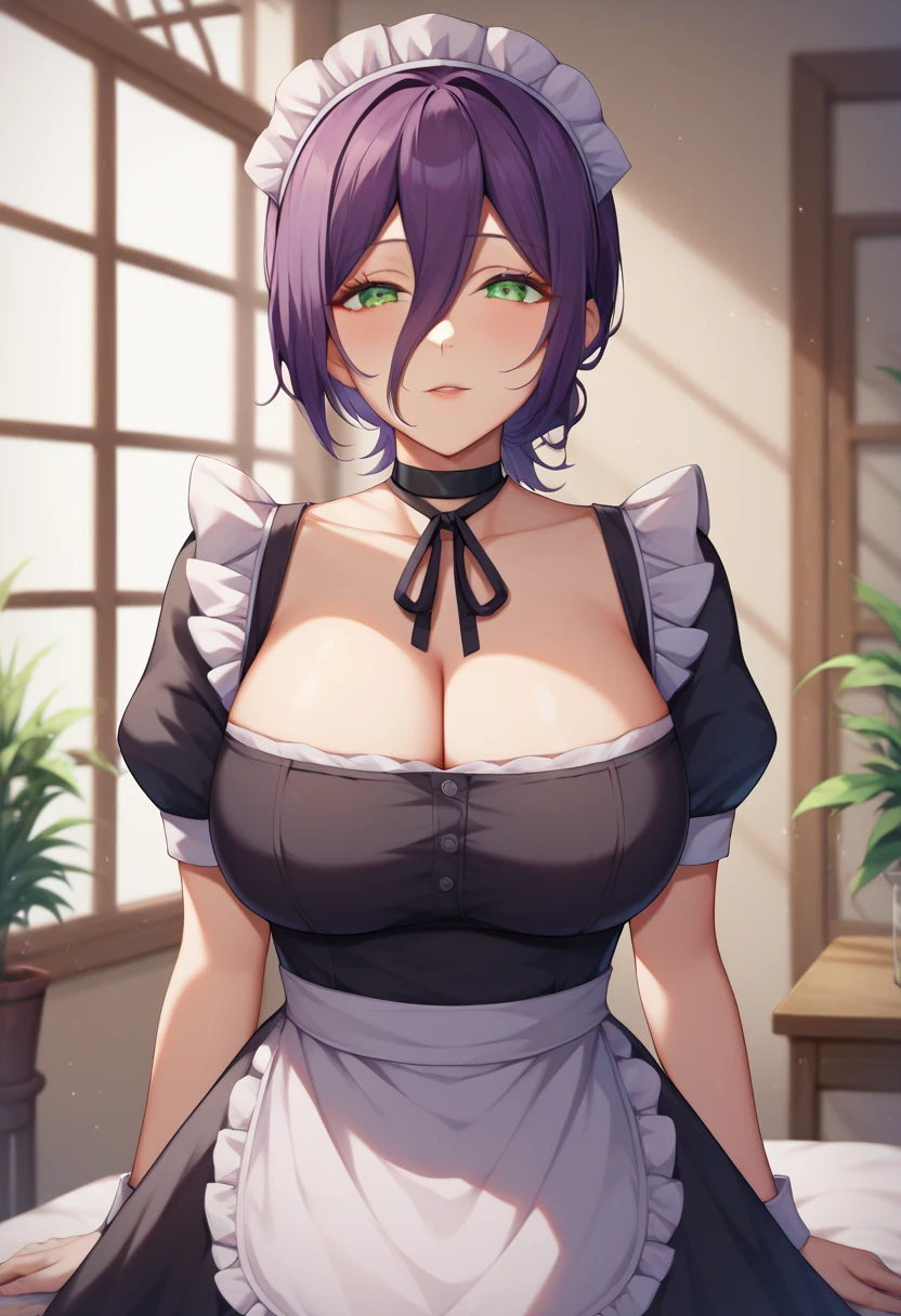 reze, black choker, purple hair, choker, eyebrows hidden by hair, green eyes, hair between eyes, long bangs, medium hair,whirling eyes,face forward、 huge breasts、valley、Exposed chest、Shoulders exposed、maid cafe、whole body,maid, maid apron, maid headdress, puffy sleeves