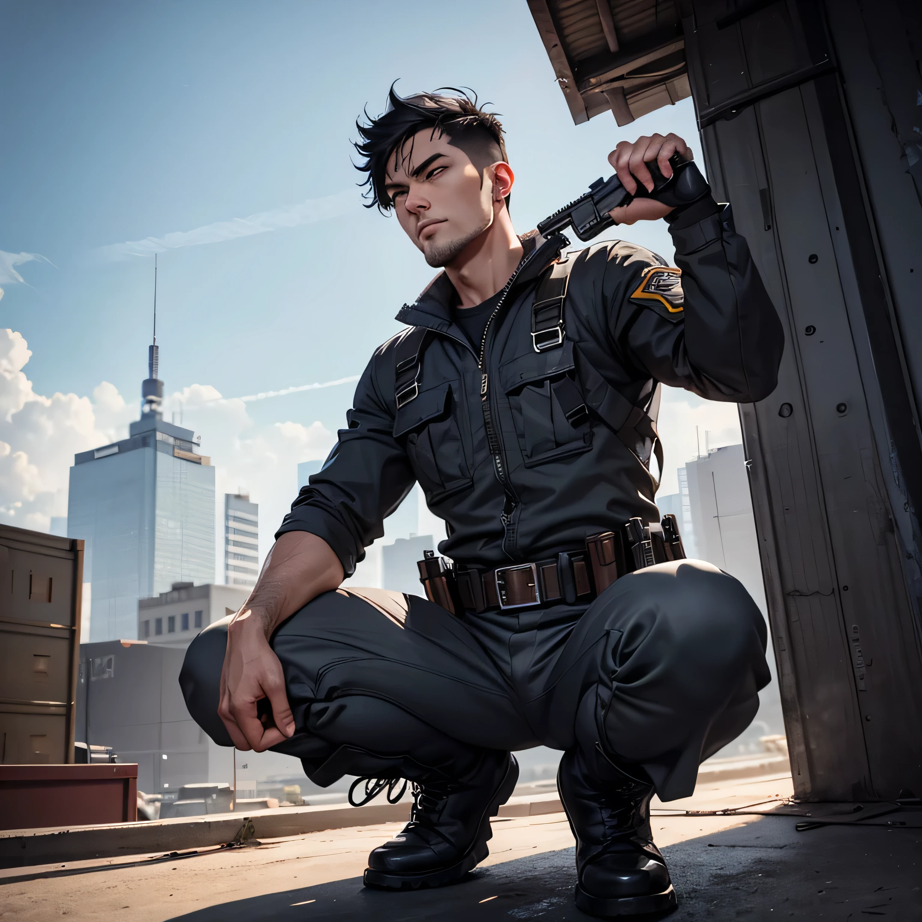  handsome 30-year-old man 　Light gray full body workwear 、Shocker Belt、 black work boots 、 Gunfight、 sniper from the warehouse roof 、point a gun at the enemy below 、 open your legs wide、 squat、 staring at the camera while preparing to launch、logic , black hair、 very short hair 。 the crotch part of his pants is bulging 、scream、 view from below,  camera 、 cool pose　 upper body lift with an emphasis on facial expression