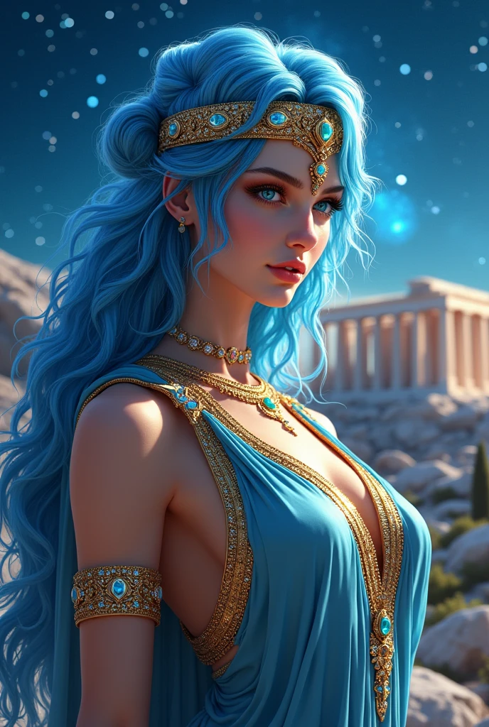 "Imagine an AI-generated masterpiece that transforms Scarlett Johansson into a majestic Greek goddess. Picture Scarlett draped in ethereal robes adorned with divine symbols, embodying grace and strength. Enhance her features with an otherworldly radiance, and place her in a celestial setting with a backdrop of ancient Greek architecture. Incorporate iconic elements like laurel wreaths or olive branches to symbolize victory and peace. Use a color palette that reflects the luminosity of the gods and goddesses. The final image should encapsulate Scarlett Johansson as a mythical deity, a modern interpretation of the divine figures from ancient Greek mythology."