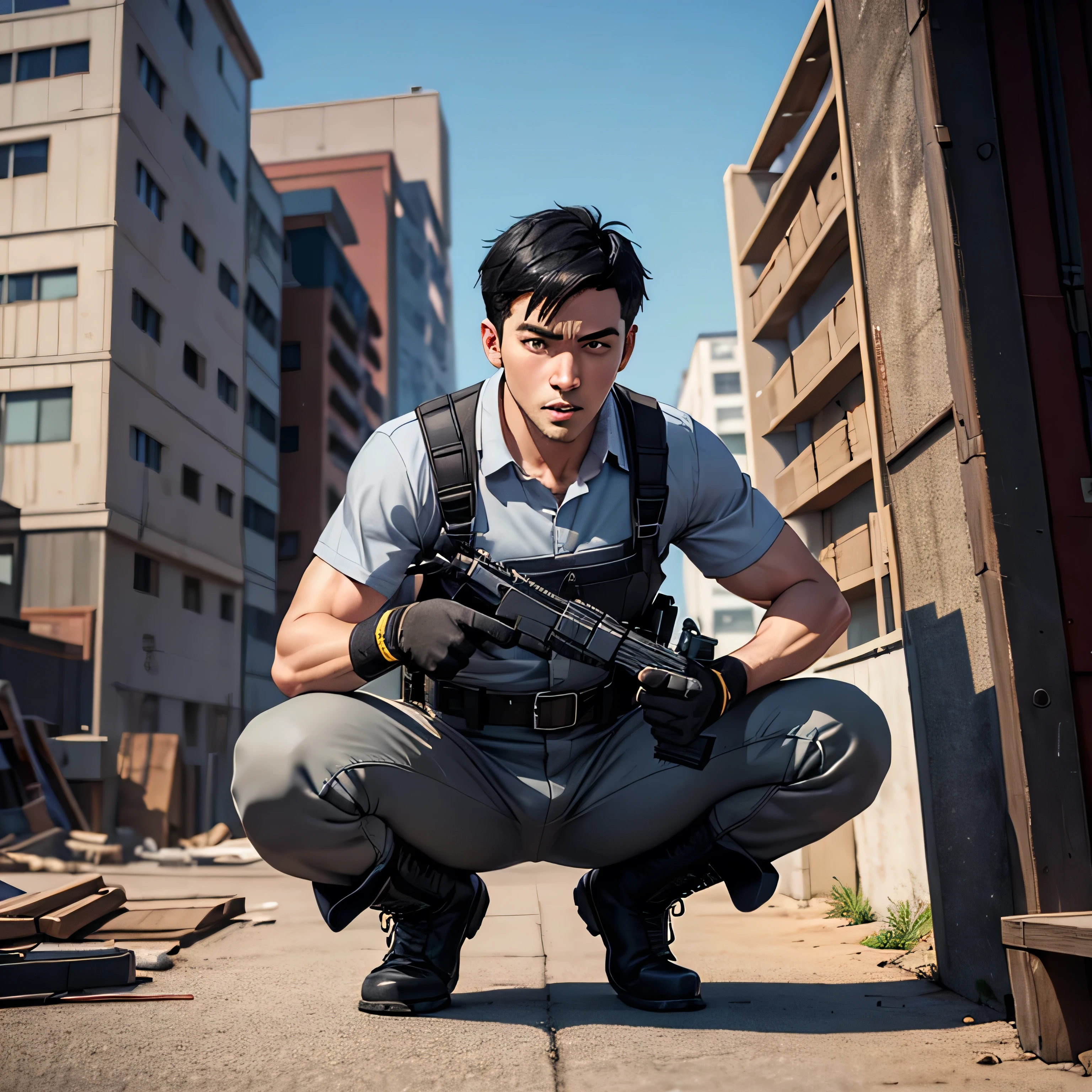  handsome 30-year-old man 　Light gray full body workwear 、Shocker Belt、 black work boots 、 Gunfight、 sniper from the warehouse roof 、point a gun at the enemy below 、 open your legs wide、 squat、 staring at the camera while preparing to launch、logic , black hair、 very short hair 。 the crotch part of his pants is bulging 、scream、 view from below,  camera 、 cool pose　 upper body lift with an emphasis on facial expression