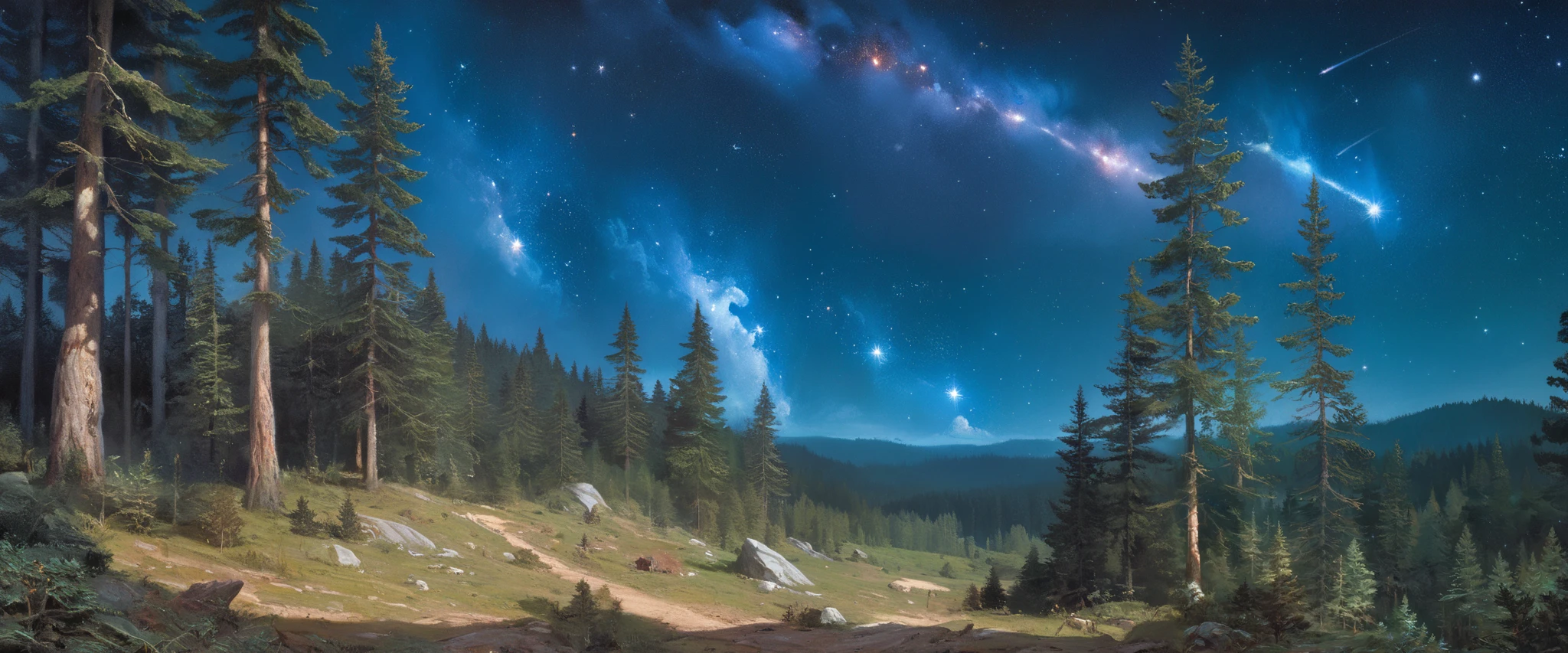 Precise old encyclopedia (best quality:1.2), (detailed:1.2), (masterpiece:1.2), vintage illustrations of a pine forest at night, pine forest, black sky with stars and galaxies and comet