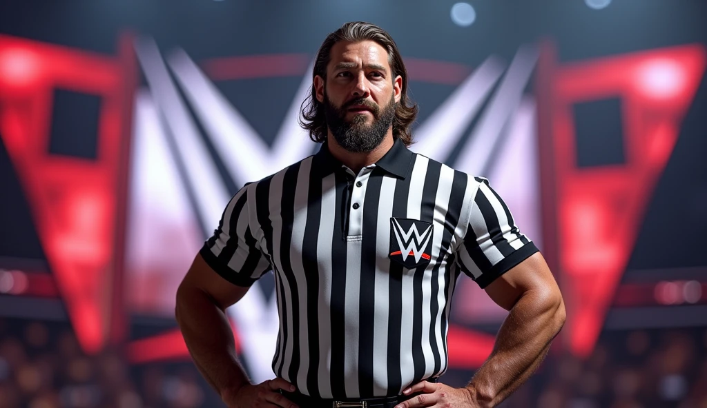 Muscular man standing, tattoos, beard, black elbow pads, realistic skin tone, middle aged, wearing wrestlimg trunks,
