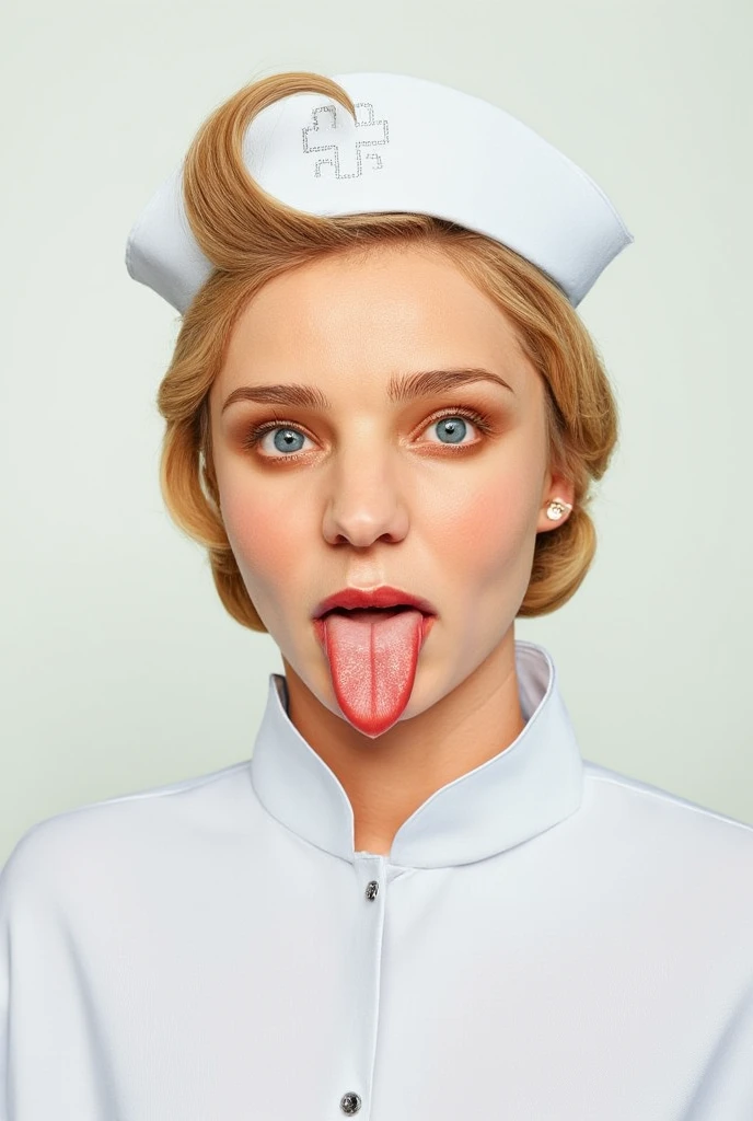 Portrait photo of a mashup with blond hair wearing a nurse costume, shows a long tongue,  close-up 