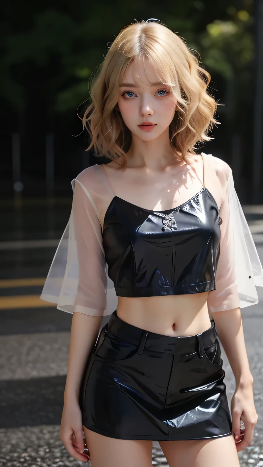 (masterpiece, best quality, hires, high resolution:1.2), extremely detailed, realistic, highres, hot-tempered photograph, Angolan woman, 3, embarrassed, blush, standing in a downpour, her wet Velvet bralette with a satin skirt and fur stole clinging to her skin, wetshirt, wet hair, each raindrop captured in exquisite detail, the reflection of city lights on the wet pavement adding to the realism,(Textured waves haircut), (Dirty blonde haircolor), asymmetric , Petite-Athletic body shape, shiny skin, fill lighting,