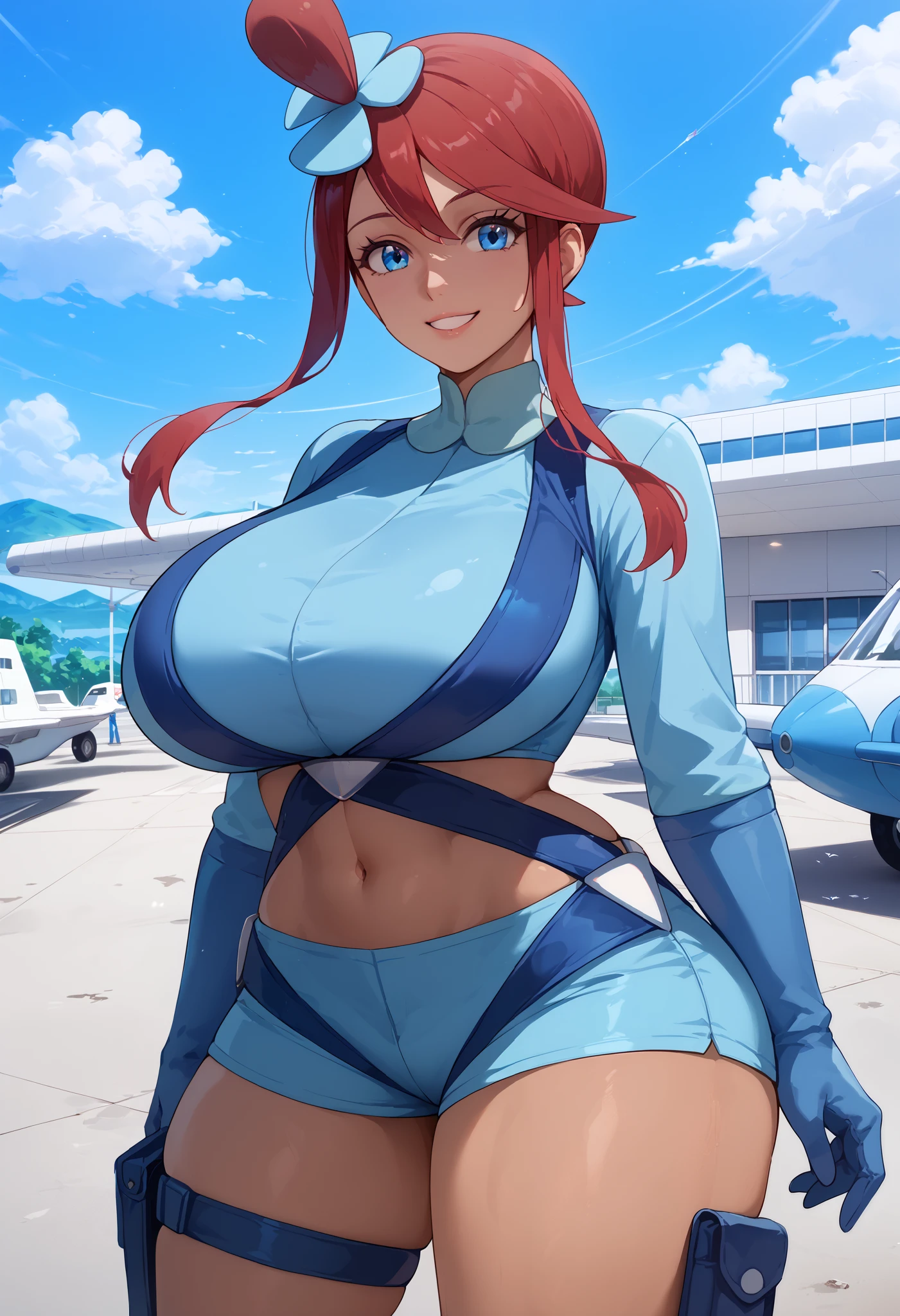 Perfect CG unity 8K UHD wallpaper, Perfect CG unity 8K UHD wallpaper, SkylaMArlo,1girl,blue eyes,hair ornament,gloves,jacket,:d,sidelocks,red hair,shorts,midriff,dark-skinned female,crop top,short shorts,blue shorts,blue gloves,holster,thigh pouch,skyla (pokemon) ,outdoors, airport, cowboy shot, thick thighs, huge breasts, smile