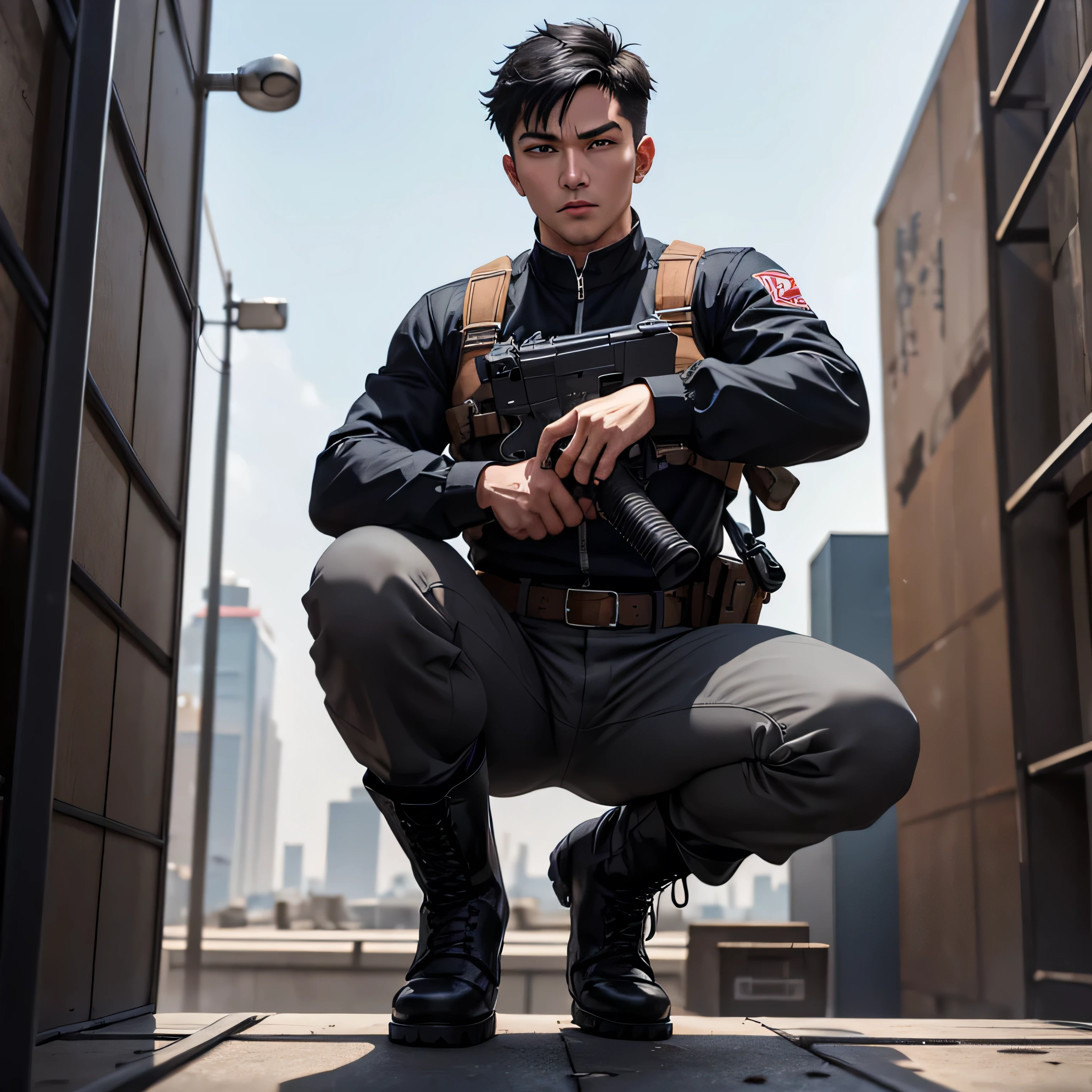  handsome 30-year-old man 　Light gray full body workwear 、Shocker Belt、 black work boots 、 Gunfight、 sniper from the warehouse roof 、point a gun at the enemy below 、 open your legs wide、 squat、 staring at the camera while preparing to launch、logic , black hair、 very short hair 。 the crotch part of his pants is bulging 、scream、 view from below,  camera 、 cool pose　 upper body lift with an emphasis on facial expression