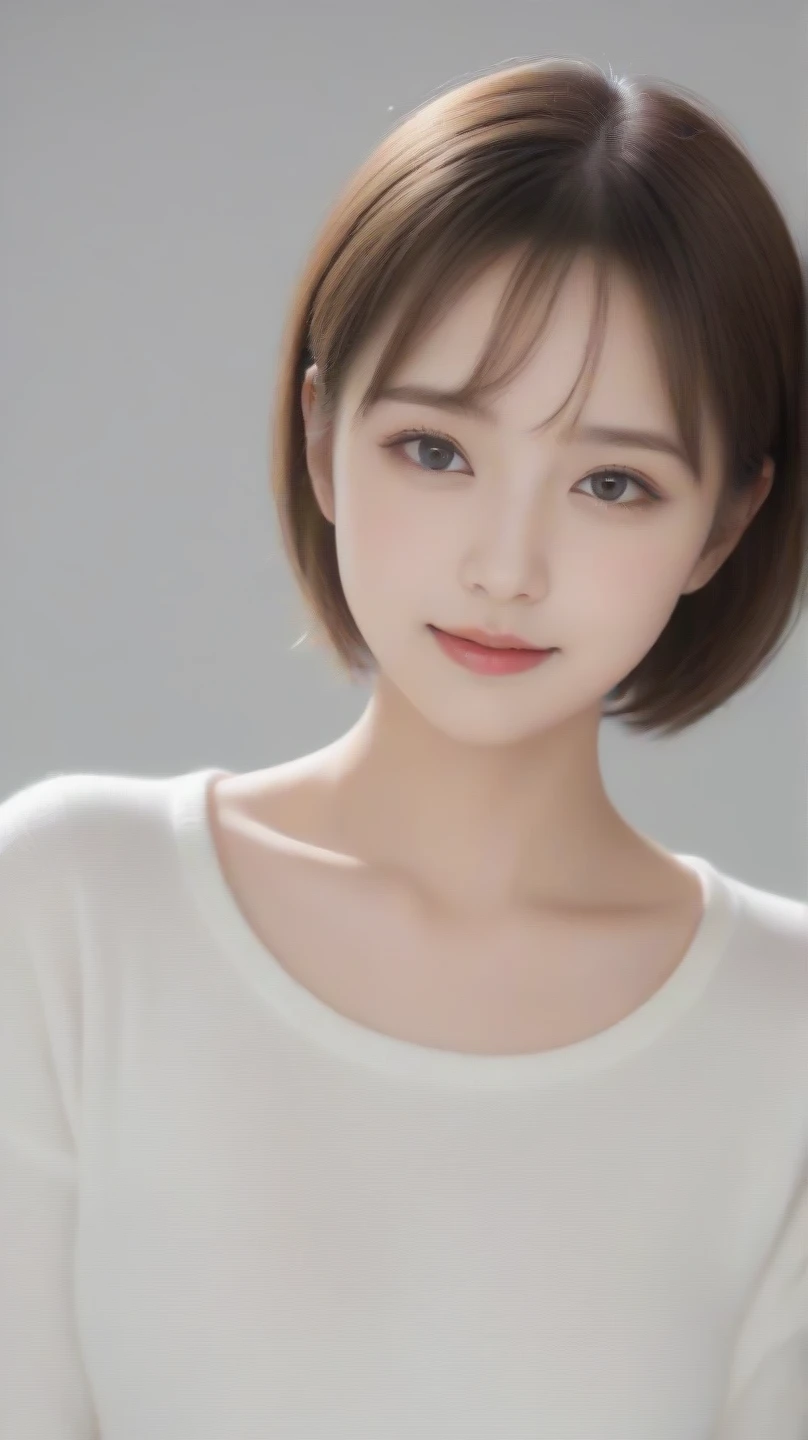  1 girl、 slightly chubby、 big bust 、 Nipples Standing 、 white sweater、 eyes closed、Bust up images、Short Haircut,   eyes closed、Age 25、 looking down、 holding back tears 、 smiling、