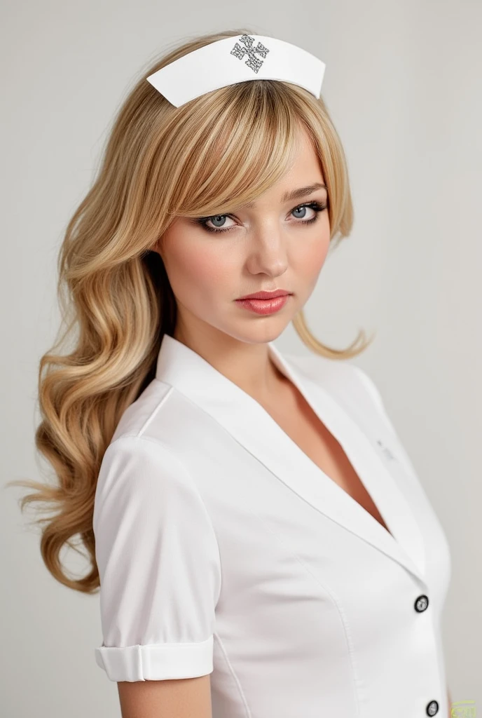 Portrait photo of a mashup with blond hair wearing a nurse costume