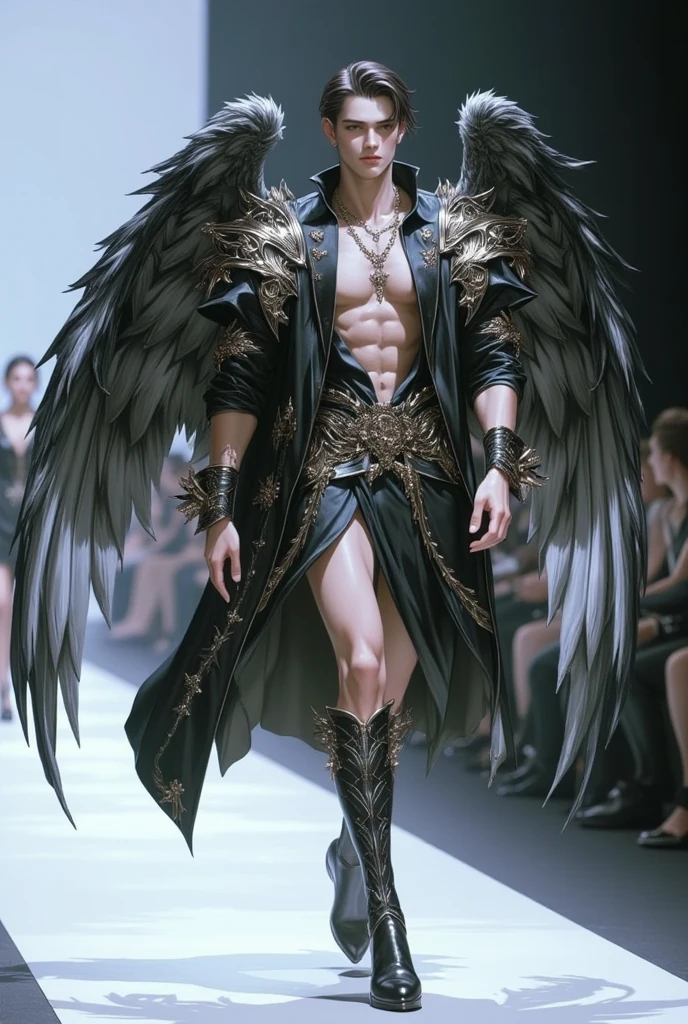 3D ANIMALS，A Victoria's Secret male model is on the catwalk，sideways，Wear gorgeous costumes，The back has very beautiful wings，Gorgeous wings，Very gorgeous