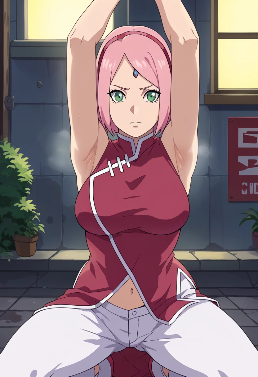 score_9, score_8_アップ, score_7_アップ, ソース_أنيمي, أنيمي screencap,,nsfw,haruno sakura,sakura,green eyes ,pink hair, short hair,, red sleeveless dress, navel, large breasts, white pants,In a dimly lit alley ,Armpit,Armpit wrinkles,Armpit smell,Armpit juice,Arms up,Stretch,pubic hair,under hair,squat down, 