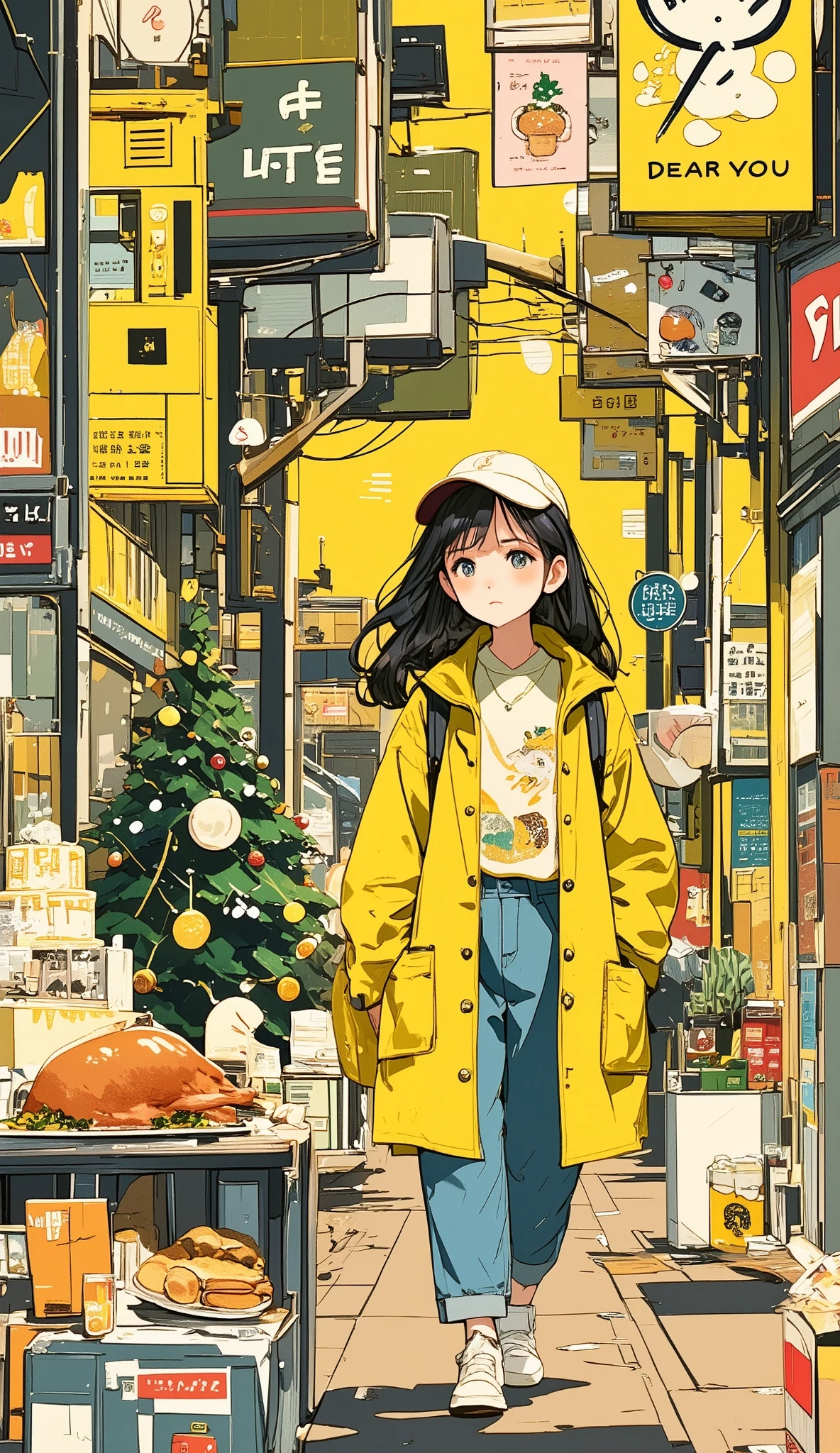 Chrome yellow illustration, Flat street, decorated cake, Roasted Turkey, Girl on her way home from school, chartreuse yellow illustration, New Year's Eve, English muffin, Chrismas Eve, Girl in jeans, Merry Christmas, Mimosa illustration, dear you, Illustration with canary yellow as the main color,, Busy city, Beautiful woman, Santa Claus, Cream yellow illustration