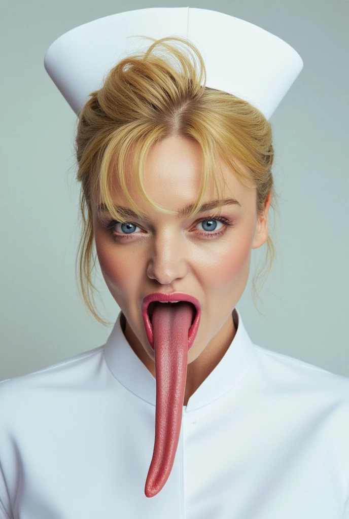 Portrait photo of a mashup with blond hair wearing a nurse costume, shows a long tongue,  close-up 