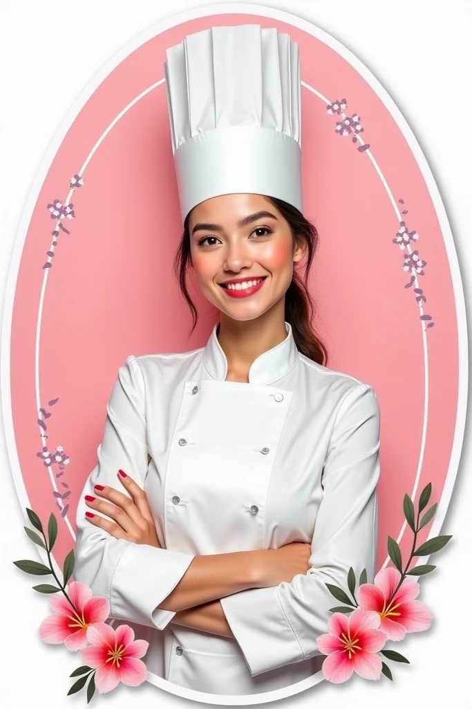 make a pink themed thank you sticker design image, and there is a picture of a female chef