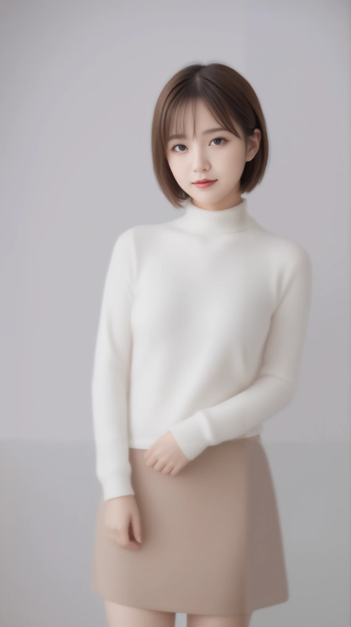  1 girl、 slightly chubby、 her bust is very big 、 Nipples Standing 、 The shape of the nipple is visible、white sweater、 eyes closed、Bust up images、Short Haircut,   eyes closed、Age 25、 looking down、 holding back tears 、 open your mouth and laugh、