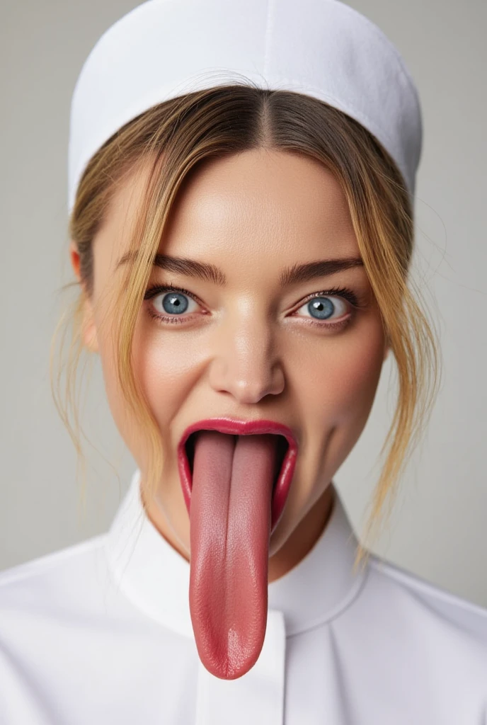 Portrait photo of a mashup with blond hair wearing a nurse costume, shows a long tongue,  close-up 