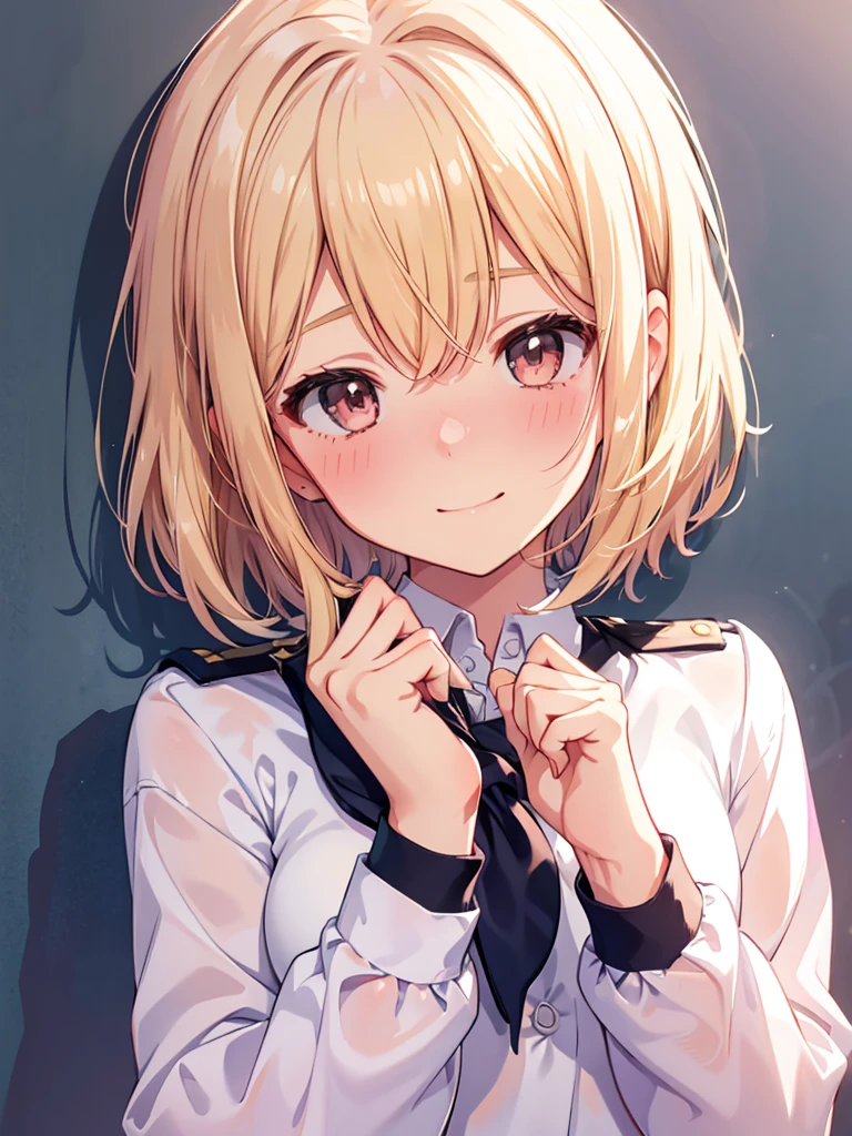 1girl,  small breasts,school uniform,
face close-up,raise your hand,I can see the side,
eliminate shadows
blonde hair,short hair,blonde eyes,blush, nose blush, embarrassed,very embarrassed,face forward,best quality, high definition , masterpiece,  Minimalist , accurate,  smiles, happiness/joy, 