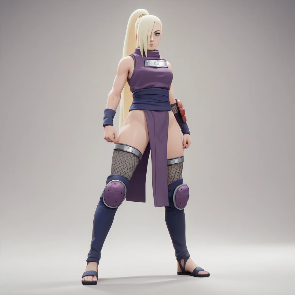 Masterpiece, High Resolution, Anatomically Correct, Best Quality, Super Detailed, Textured Skin, Unreal Engine, Full Body, Image Fill, Yamanaka Ino (NARUTO), Long Hair, Blonde Hair, Ponytail, Hair Over One Eye, tall, slender, curvaceous figure, age: 19, Light-Blue Eyes, Purple Sexy Female Ninja Armor