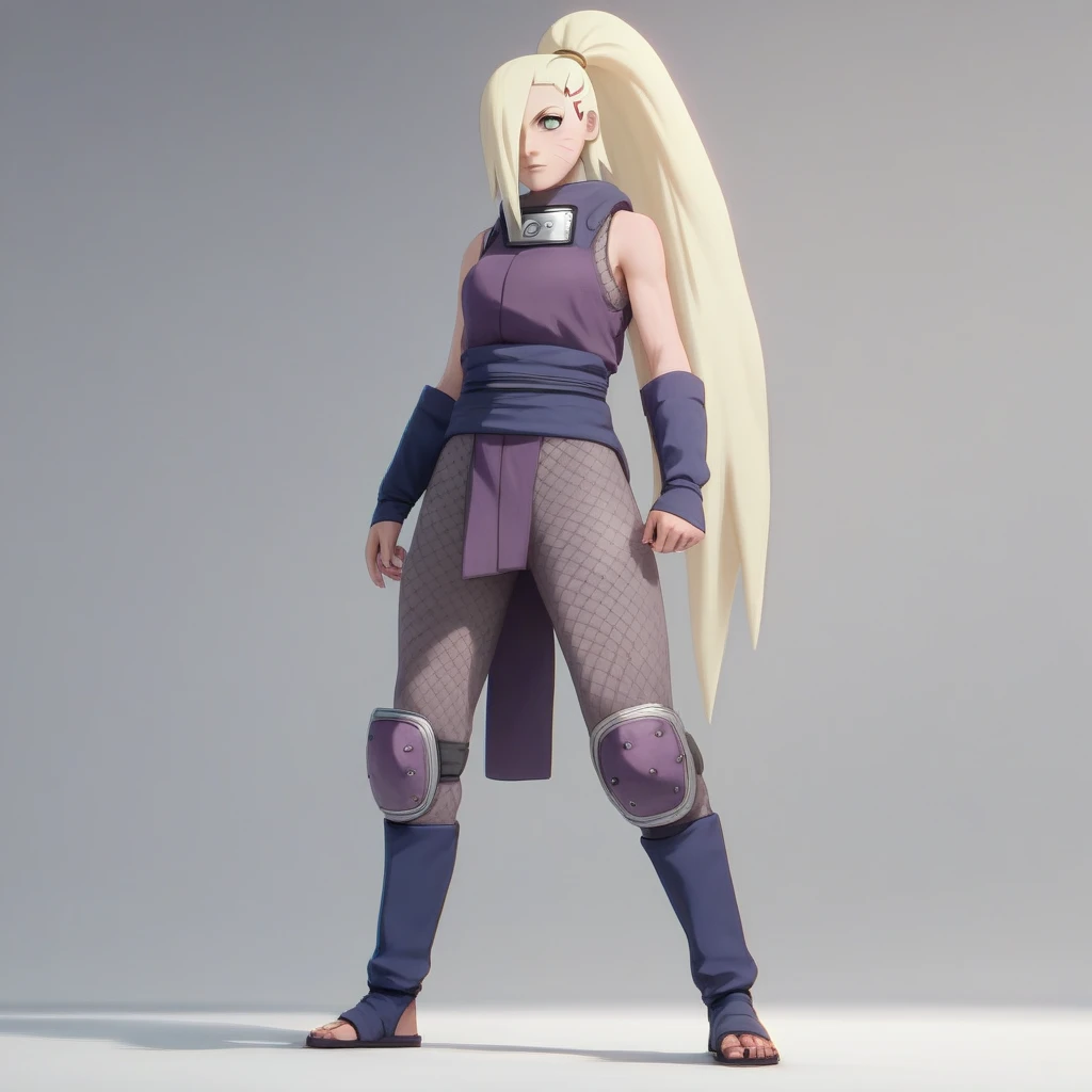 Masterpiece, High Resolution, Anatomically Correct, Best Quality, Super Detailed, Textured Skin, Unreal Engine, Full Body, Image Fill, Yamanaka Ino (NARUTO), Long Hair, Blonde Hair, Ponytail, Hair Over One Eye, tall, slender, curvaceous figure, age: 19, Light-Blue Eyes, Purple Sexy Female Ninja Armor