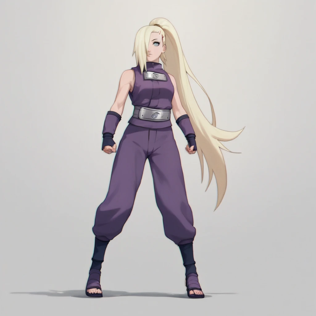 Masterpiece, High Resolution, Anatomically Correct, Best Quality, Super Detailed, Textured Skin, Unreal Engine, Full Body, Image Fill, Yamanaka Ino (NARUTO), Long Hair, Blonde Hair, Ponytail, Hair Over One Eye, tall, slender, curvaceous figure, age: 19, Light-Blue Eyes, Purple Sexy Female Ninja Armor