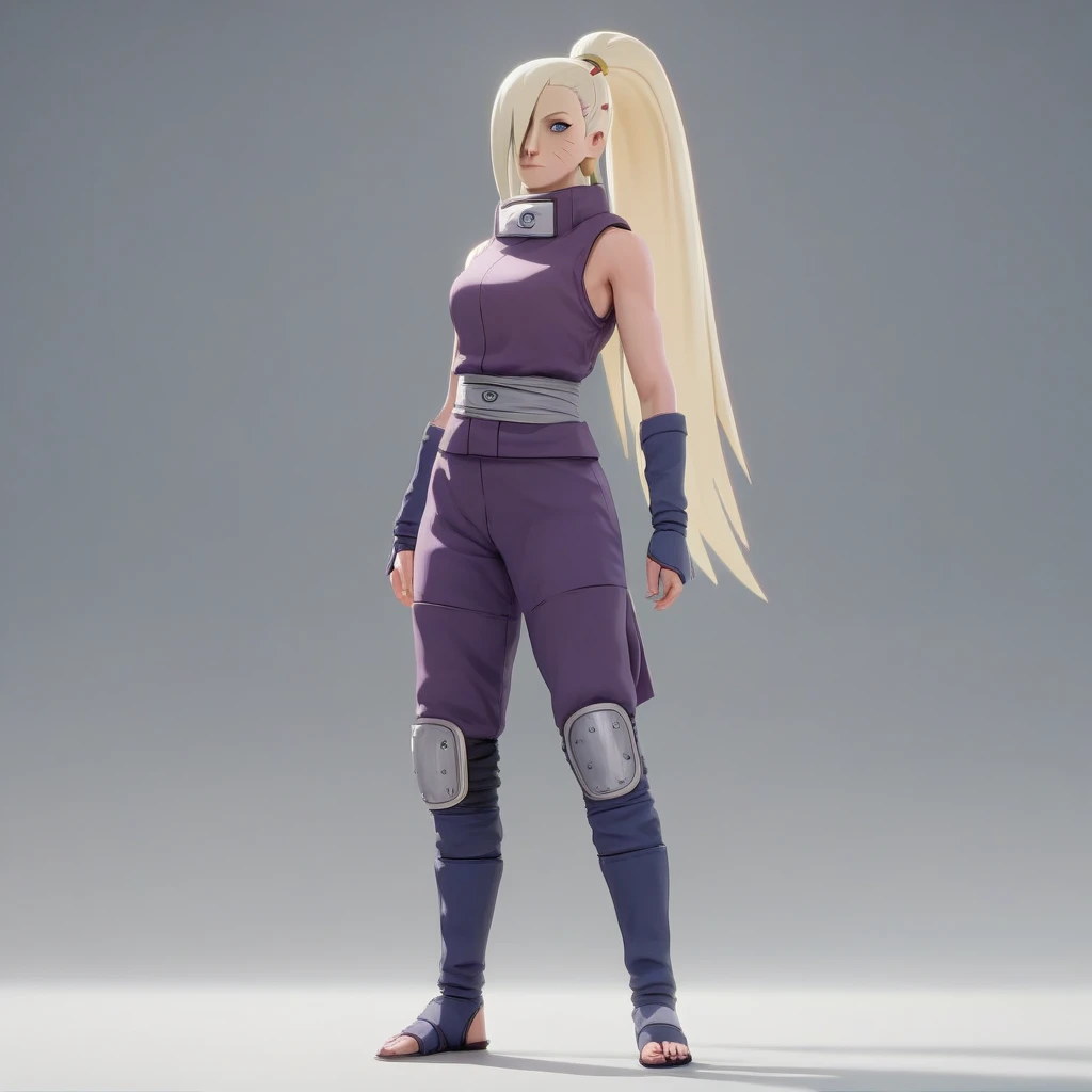 Masterpiece, High Resolution, Anatomically Correct, Best Quality, Super Detailed, Textured Skin, Unreal Engine, Full Body, Image Fill, Yamanaka Ino (NARUTO), Long Hair, Blonde Hair, Ponytail, Hair Over One Eye, tall, slender, curvaceous figure, age: 19, Light-Blue Eyes, Purple Sexy Female Ninja Armor