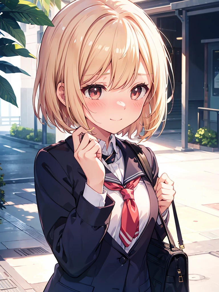 1girl,  small breasts,school uniform,
face close-up,raise your hand,I can see the side,
eliminate shadows
blonde hair,short hair,blonde eyes,blush, nose blush, embarrassed,very embarrassed,face forward,best quality, high definition , masterpiece,  Minimalist , accurate,  smiles, happiness/joy, 