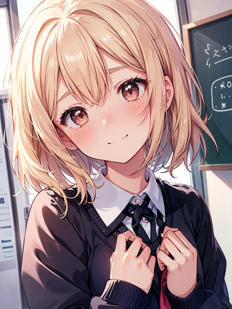 1girl,  small breasts,school uniform,
face close-up,raise your hand,I can see the side,
eliminate shadows
blonde hair,short hair,blonde eyes,blush, nose blush, embarrassed,very embarrassed,face forward,best quality, high definition , masterpiece,  Minimalist , accurate,  smiles, happiness/joy, 