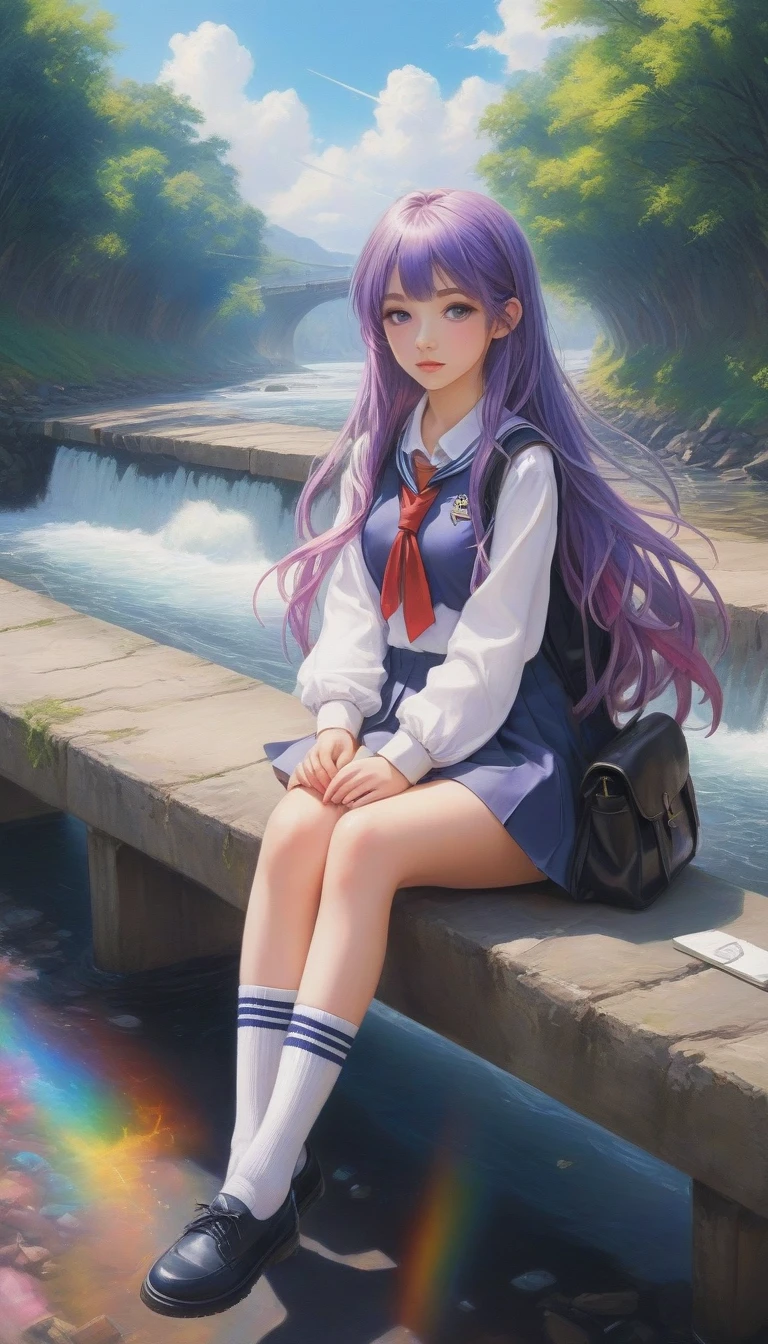 a beautiful school girl, anime, she has purple eyes, she has rainbow long hair, she is wearing school uniform, she is sitting on bench, crossing legs, surreal psychedelic dreamy road, river, she has cigarettes, thick thighs, short white socks, leather school shoes, school satchel, perfect anatomy, perfect hands, perfect fingers, perfect legs, isometric, psychedelic, surreal, masterpiece