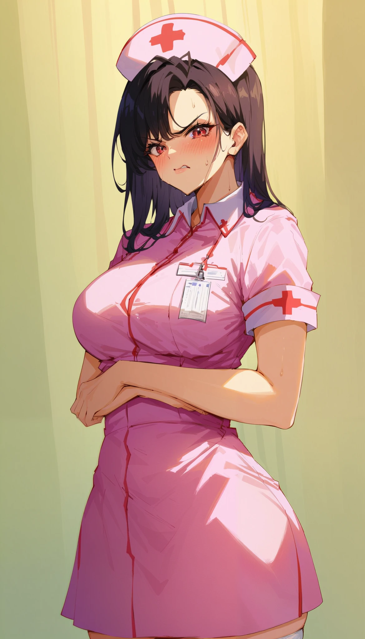 ((Nurse uniform: 1.3)), ((One nurse: 1.3)), Auntie, ((Frustrated woman: 1.3)), During interview, Intense sexual desire, ((Ripe body: 1.2)), ((Writhing body: 1.2)), Mischievous face, nsdw, Embarrassed, Visual desire, Voluptuous, score_9, score_8_up, score_7_up, score_6_up, score_5_up, score_4_up,