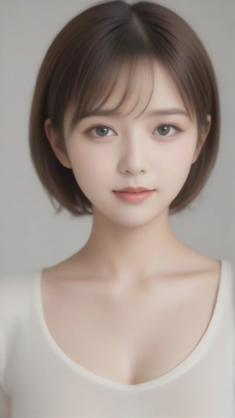  1 girl、 slightly chubby、 her bust is very big 、 Nipples Standing 、 The shape of the nipple is visible、ブラジャーを出す、 eyes closed、Bust up images、Short Haircut,   eyes closed、Age 25、 looking down、 holding back tears 、 open your mouth and laugh、