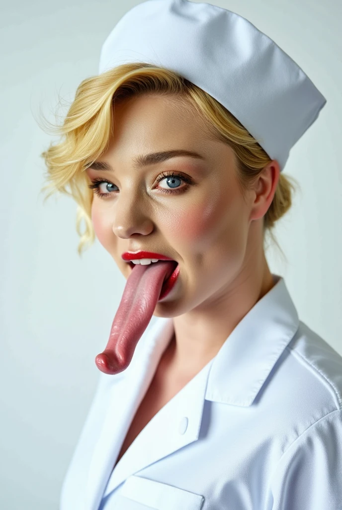 Portrait photo of a mashup with blond hair wearing a nurse costume, shows a long tongue,  close-up 