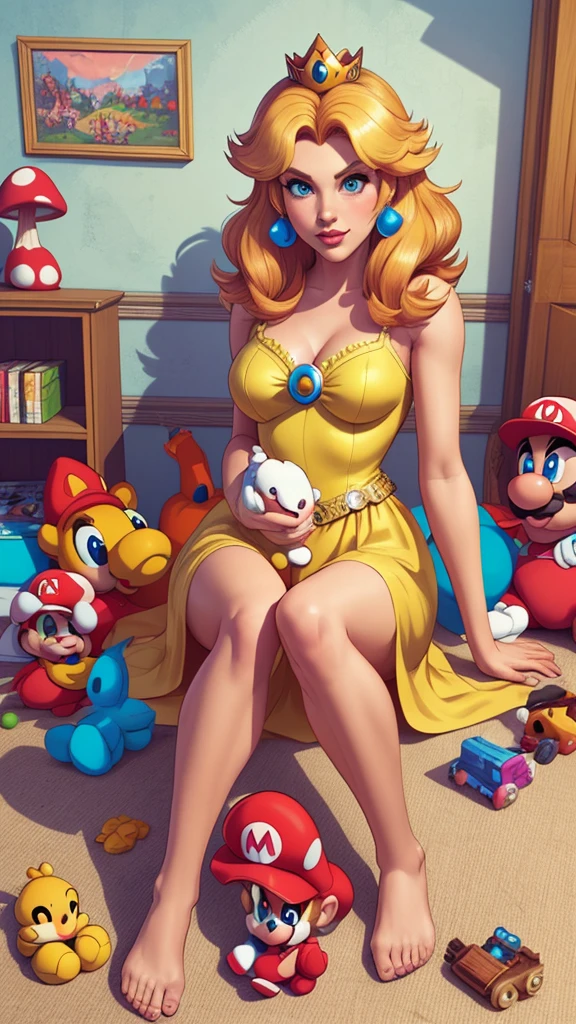STICKER, (solid outline:1.3), (NSFW:1.2), A detailed illustration of a vivid Sexy Princess Daisy from Mario kneeling down legs together hands behind her body, looking up at the camera, sticking out her long tongue, no teeth, bare breasts, yellow thong, Solo Female, medium breasts, small golden crown, erect , Full length View, shoes visible, zoom out, pov angle, centre model, vintage t-shirt design, in the style of hand drawing, 3D vector art, fantasy art, watercolour effect, Adobe Illustrator, hand-drawn, digital painting, low-poly, soft lighting, isometric style, retro aesthetic, focused on the character, 4K resolution, photo realistic rendering, using Cinema 4D,