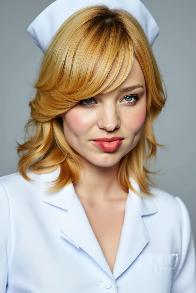 Portrait photo of a mashup with blond hair wearing a nurse costume,  shows the tongue,  close-up 