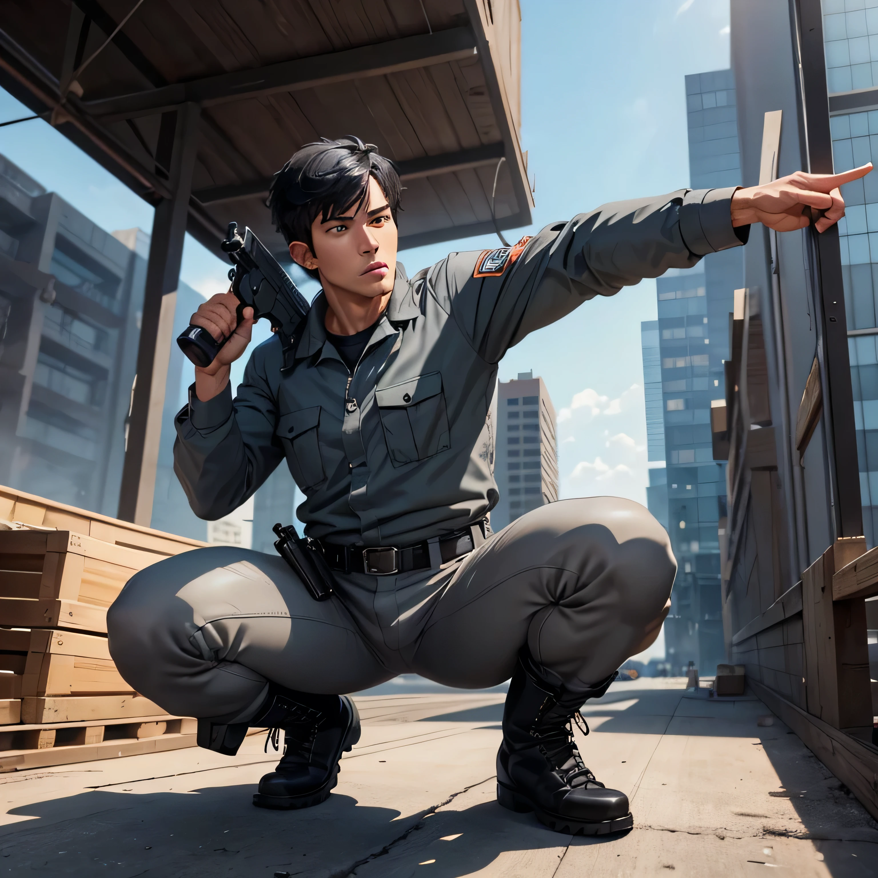  handsome 30-year-old man 　Light gray full body workwear 、Shocker Belt、 black work boots 、 Gunfight、 sniper from the warehouse roof 、point a gun at the enemy below 、 open your legs wide、 squat、 staring at the camera while preparing to launch、logic , black hair、 very short hair 。 the crotch part of his pants is bulging 、scream、 view from below,  camera 、 cool pose　 upper body lift with an emphasis on facial expression　